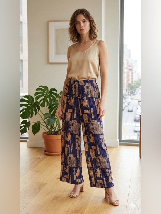 no brand Pants - Wide-Leg Navy Pants with Gold Print